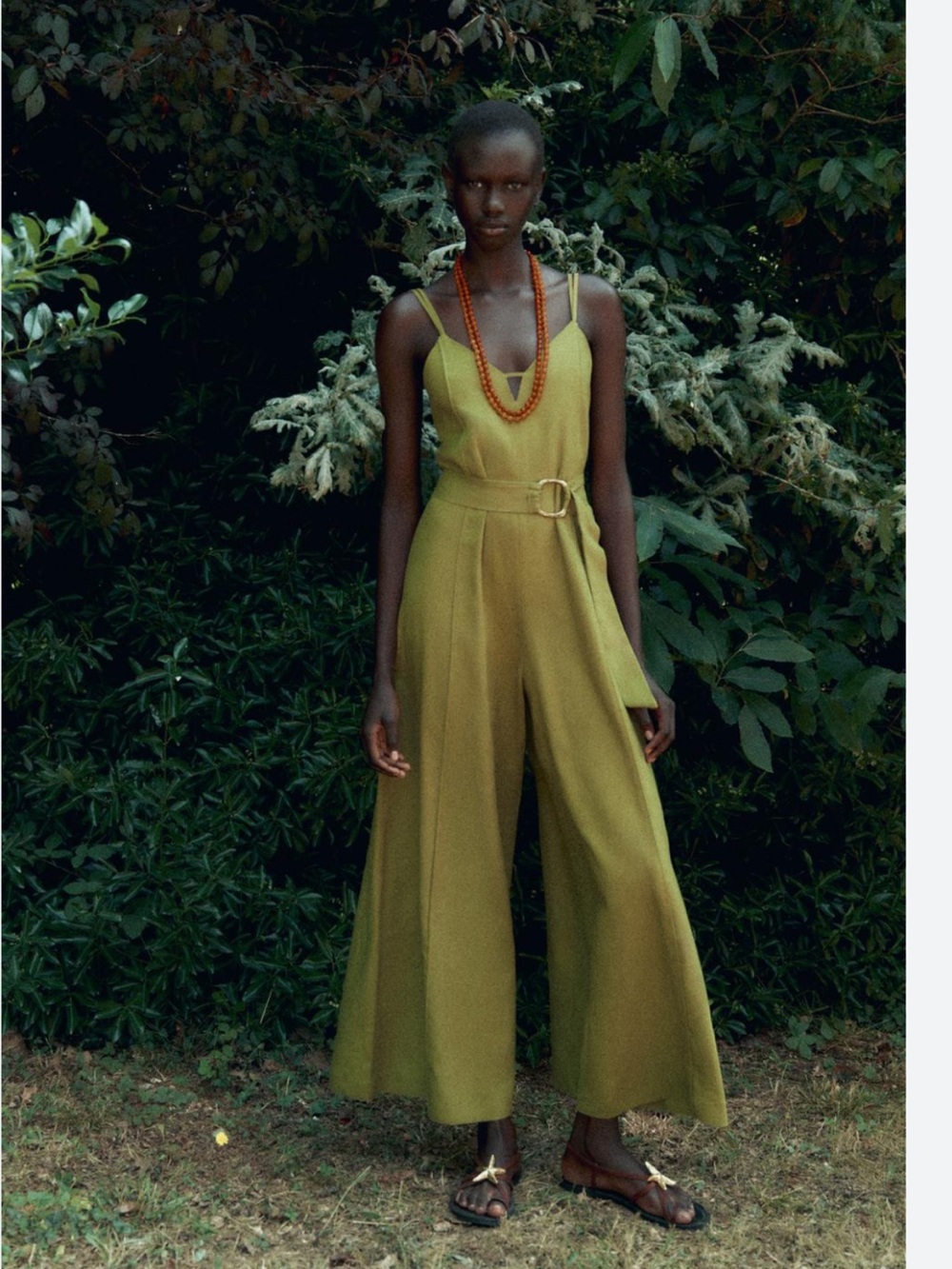 Zara Olive Green Wide-Leg Belted Jumpsuit
